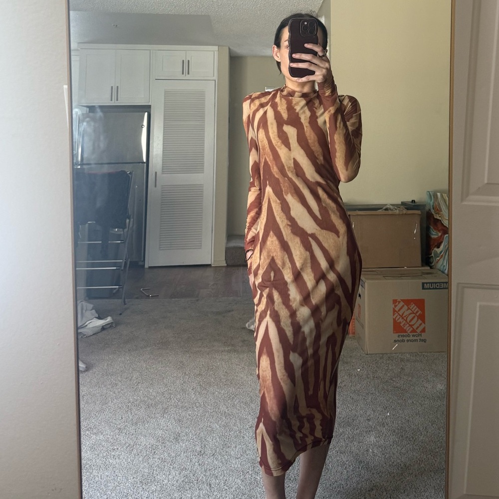 AKIRA Brown and Tan Zebra Mesh Dress